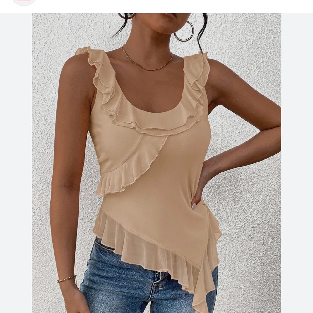 Ruffled Scoop Neck Tank Blouse - Beige